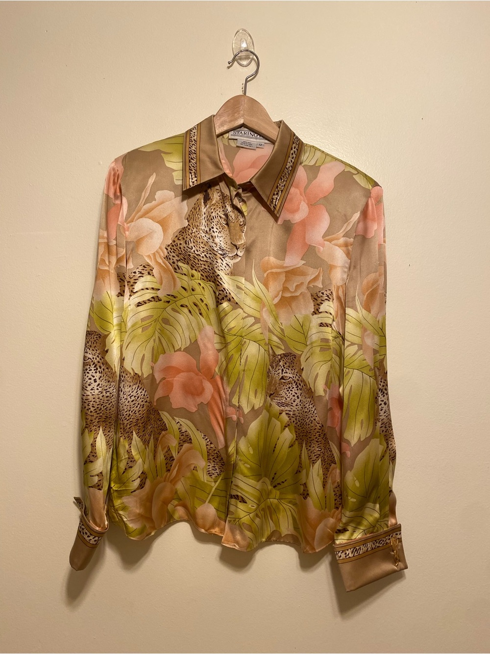 STARINGTON Silk Leopard & Tropical Print Long-Sleeve Shirt  Size 12